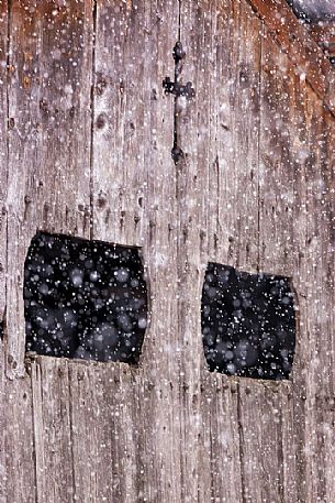 Under a snowfall a typical wooden building in alpine village of Sauris di Sotto