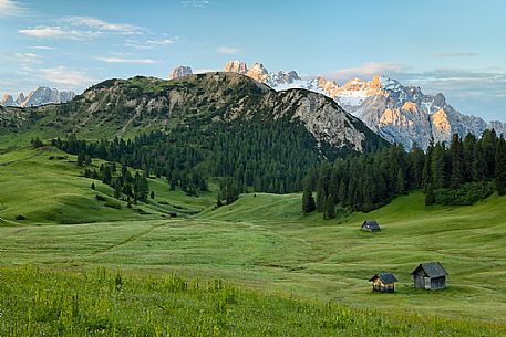 Sunrise form Prato Piazza Plateau against Monte Cristallo Mountain, Dolomites, South Tyrol, Italy 