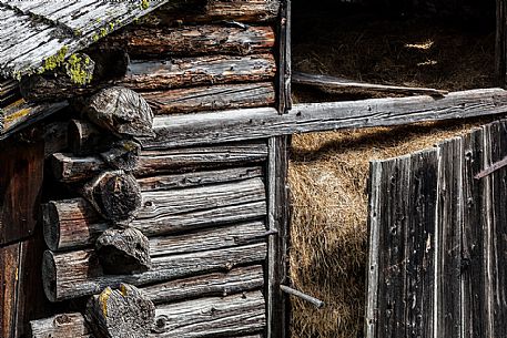 Closeup of typical barn in a alpine village, Badia Valley, dolomites, Italy