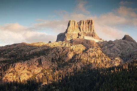 Sunset on Averau peak from Valparola Pass, Dolomites, Italy 