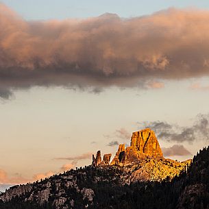 Sunset on Cinque Torri peak from Valparola Pass, Dolomites, Italy Sunset on Cinque Torri peak from Valparola Pass, Dolomites, Italy