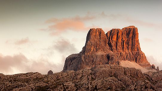 Sunset on Averau peak from Valparola Pass, Dolomites, Italy 