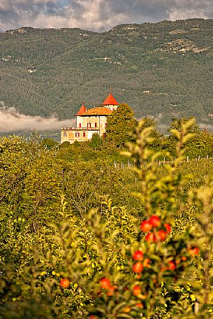 The castle of Casez and the apple trees in Val di Non, Trentino, Italy