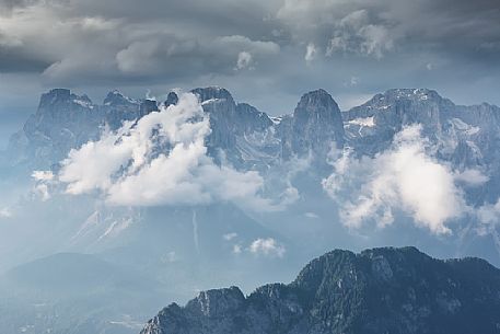 The dolomites of Pale di San Martino from the Dolomites Bellunesi national park, Belluno, Italy