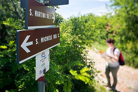 hiker along the path of Romea Strata,
Monte San Michele, San Martino del Carso, Italy