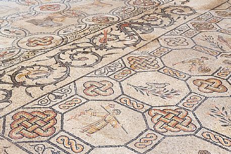 Detail of ancient floor Mosaic in the Basilica of Aquileia, Italy