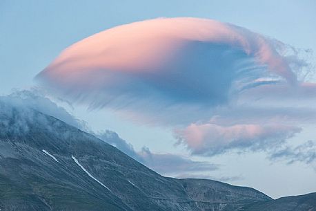 Lenticular clouds above Monte Vettore and its fault earthquake,Castellucci di Norcia, Italy