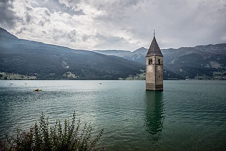 The bell tower in the Resia lake, South Tyrol, Italy