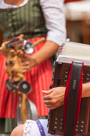 Traditional ladin clothing at Segra da Paur local festival, La Val, Val Badia, dolomites, italy