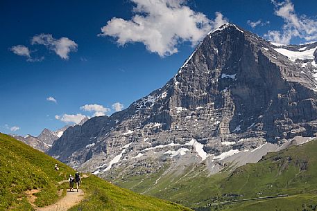 Hikers along the path from Mnnlichen to Kleine Scheidegg, in front of famous north face of Eiger mount, Grindelwald, Berner Oberland, Switzerland, Europe
 