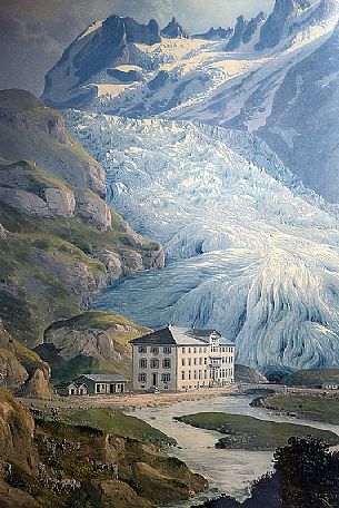 Picture of Rhone Glacier and Gletsch village inside the little station of arrival of Steam train from Furka to Gletsch, Valais, Switzerland, Europe