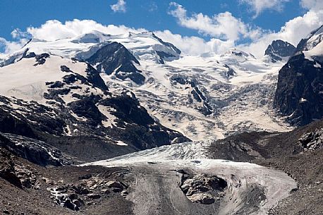Morteratsch Glacier in Val Morteratsch with Bernina mountain group, Pontresina, Engadin, Grisons, Switzerland, Europe
 