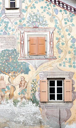 Detail of Chasa Clalguna, historic house with frescos representing Adam and Eve in Ardez village, a little village with painted 17th Century houses, Low Engadin, Canton of Grisons, Switzerland, Europe