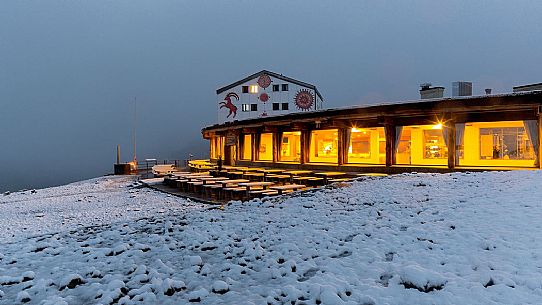 Diavolezza mountain hut at twilight, Bernina mountain group, Pontresina, Canton of Grisons, Switzerland, Europe
