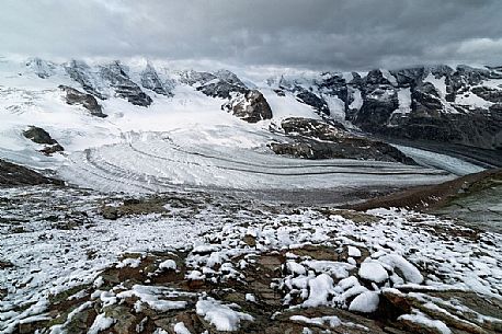 Panoramic view of Bernina mountain range with Morteratsch and Pers glaciers from Diavolezza, Engadin, Canton of Grisons, Switzerland, Europe