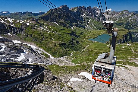 Titlis cableway and the Trubsee lake in the background, Engelberg, Canton of Obwalden, Switzerland, Europe