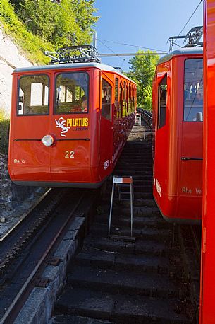 Red Cogwheel Railway going up Pilatus Mountain, Border Area between the Cantons of Lucerne, Nidwalden and Obwalden, Switzerland, Europe