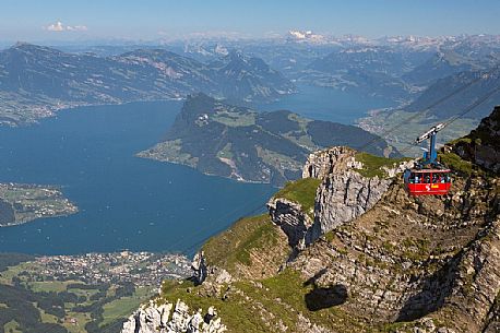 View from Pilatus Mountain of the Aerial Cableway from Lucerne, in the background the Lucerne lake, Border Area between the Cantons of Lucerne, Nidwalden and Obwalden