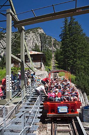 Tourists in the Gelmerbahn funicular, the the steepest in the world, Canton of Bern, Switzerland, Europe
