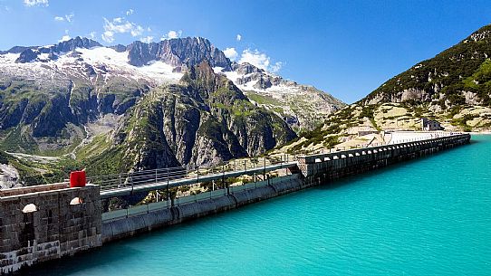 Dam of the Gelmer or Gelmersee lake, a hydroelectric reservoir, Canton of Berne, Switzerland, Europe