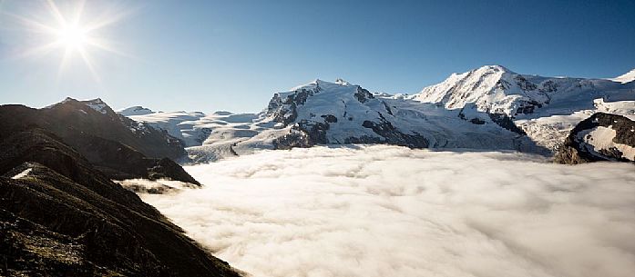 View from Gornergrat mountain towards Monte Rosa or Breithorn mountain range and the Gorner glacier in the fog, Zermatt, Valais, Switzerland, Europe
View from Gornergrat mountain towards Monte Rosa or Breithorn mountain range and the Gorner glacier in the fog, Zermatt, Valais, Switzerland, Europe