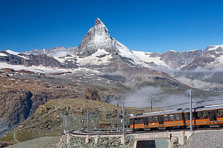 Gornergrat Railway with Matterhorn Mountain or Monte Cervino near Gornergrat summit station, Zermatt, Canton of Valais, Switzerland, Europe