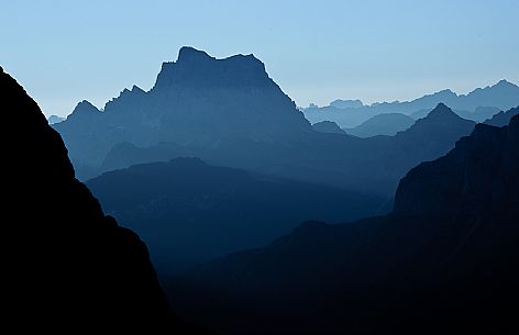 Sunrise in the Pettorina valley and Pelmo mount from Ombretta valley, Marmolada mountain range, dolomites, Veneto, Italy, Europe