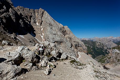 Val Rosalia and Val Contrin from Ombretta pass, Marmolada mountain range, dolomites, Veneto, Italy, Europe