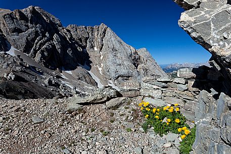 Trench remains at the Ombretta Pass, Marmolada mountain range, dolomites, Veneto, Italy, Europe
