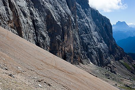 The south wall of Marmolada mount from Ombretta Pass, dolomites, Veneto, Italy, Europe The south wall of Marmolada mount from Ombretta Pass, dolomites, Veneto, Italy, Europe
