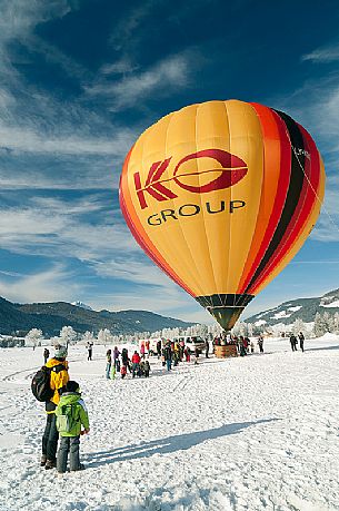 Hot air balloon festival in Pusteria valley, Dobbiaco, dolomites, Trentino Alto Adige, Italy, Europe