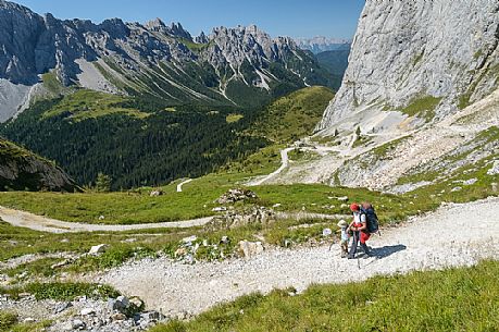 Mother and child walking in Sesis valley, Sappada, dolomites, Friuli Venezia Giulia, Italy, Europe