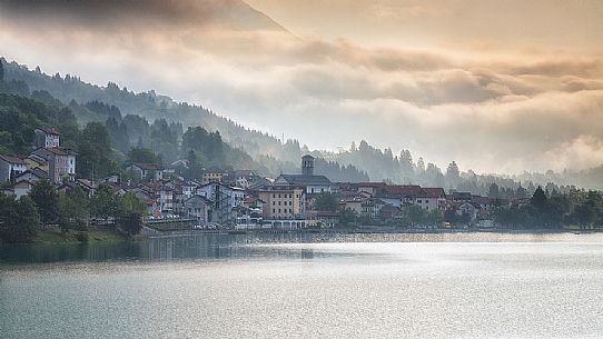 Lake and village of Barcis, Friuli Venezia Giulia, dolomites, Italy, Europe