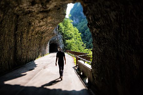 Tourist walks in the old road of Valcellina, Barcis, Dolomiti Friulane Natural Park, dolomites, Friuli Venezia Giulia, Italy, Europe