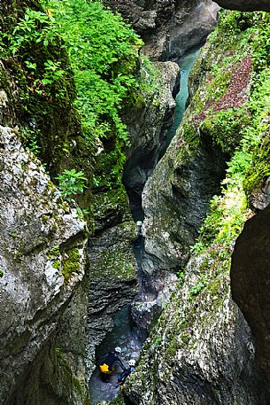 Canyoning in the Cosa river near Pradis Caves, Clauzetto, Alps Carniche, Friuli Venezia Giulia, Italy, Europe