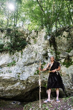 Portrait of Caveman outside the Pradis Caves, Clauzetto, Friuli Venezia Giulia, Italy, Europe