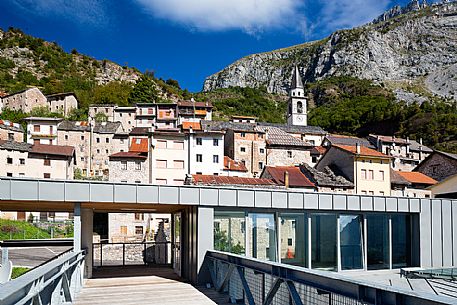 The small village of Casso and the entrance of Dolomiti Contemporanee museum, Dolomiti Friulane natural park, dolomites, Friuli Venezia Giulia, Italy, Europe