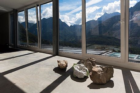 Inside the Dolomiti Contemporanee museum, in the background the landslide of Toc mount which caused the Vajont tragedy, Casso, Dolomiti Friulane natural park, dolomites, Friuli Venezia Giulia, Italy, Europe