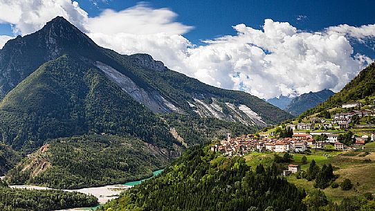 Erto village and the landslide of Toc mount in the background, Vajont dam disaster, Friuli Venezia Giulia, Italy, Europe