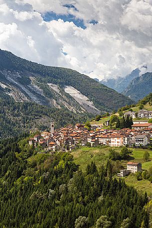 Erto village and the landslide of Toc mount in the background, Vajont dam disaster, Friuli Venezia Giulia, Italy, Europe