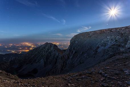 Adriatic coast lilluminated at twilight from the amphitheater of the Murelle, Majella national park, Abruzzo, Italy, Europe