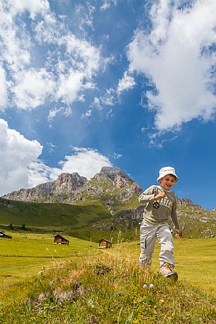 Child walks on the pasture of Badia valley and in the background the Sass de Putia peak, San Martino in Badia, dolomites, South Tyrol, Italy, Europe