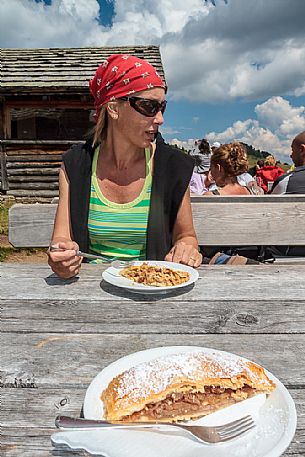 Strudel cake at Vaciara hut, Badia valley,dolomites, Southh Tyrol, Italy,  Europe