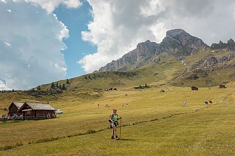 Hikers near Utia Vaciara hut, in the background the Sass de Putia mount, San Martino in Badia, Badia valley, dolomites, South Tyrol, Italy, Europe