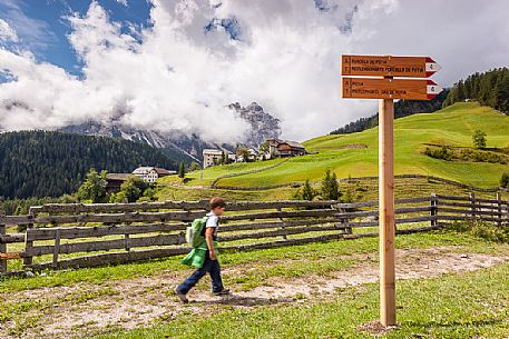 Child walks in Mulini valley, in the background the old ladin village of Misci, Longiarù, Badia valley, Trentino Alto Adige, Italy, Europe