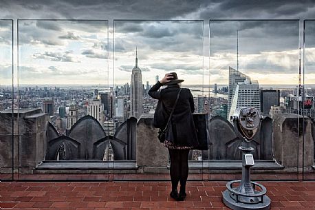 View from Top the Rock of Rockefeller Center towards Empire State Building and One World Trade Center, Manhattan, New York City, New York, USA