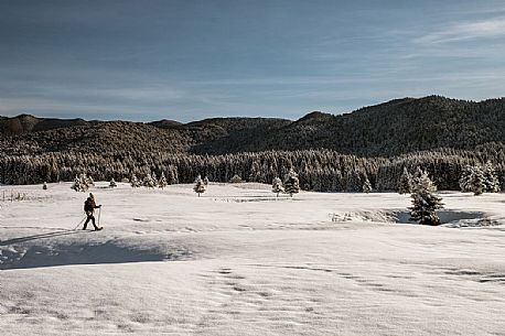 Snowshoe hike in the winter path in the Piana Cansiglio plateau, Veneto, Italy, Europe