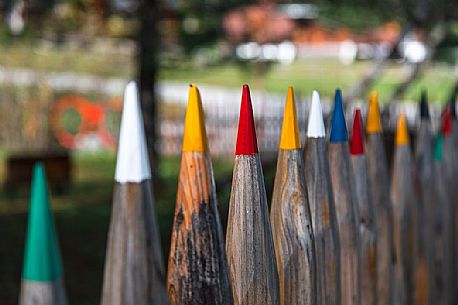 Detail of the unusual fence of the Casa del Libro or Book house in Tambre, Cansiglio forest, Veneto, Italy, Europe