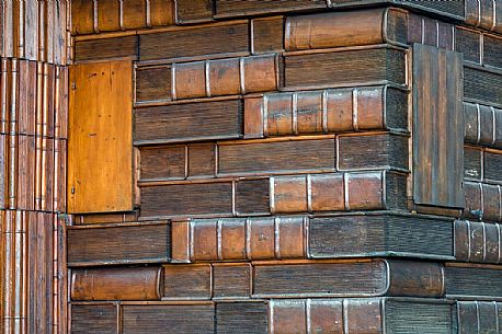 Detail of the unusual Casa del Libro or Book house of Tambre in the Cansiglio forest, Veneto, Italy, Europe