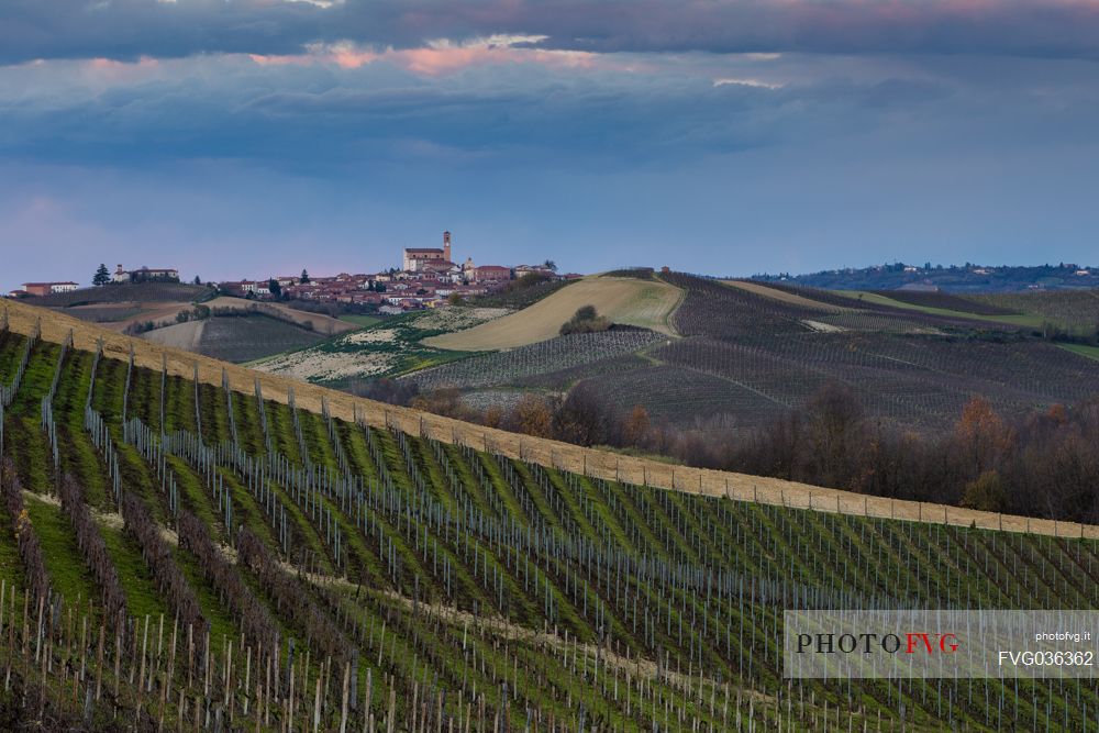 The vineyards in front of the little village of Grana Monferrato, Piedmont, Italy, Europe
